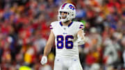 Buffalo Bills tight end Dalton Kincaid (86) against the Kansas City Chiefs during the AFC Championship game at GEHA Field at Arrowhead Stadium. 