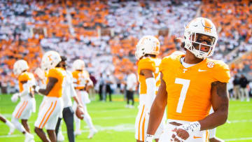 Tennessee linebacker Arion Carter (7) before a football game between Tennessee and Texas A&M at Neyland Stadium in Knoxville, Tenn., on Saturday, Oct. 14, 2023.
