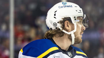 Dec 5, 2024; Calgary, Alberta, CAN; St. Louis Blues center Robert Thomas (18) looks on against the Calgary Flames during the first period at Scotiabank Saddledome. Mandatory Credit: Brett Holmes-Imagn Images