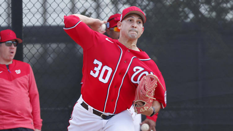 Feb 15, 2023; West Palm Beach, FL, USA;  Washington Nationals starting pitcher Paolo Espino (30)