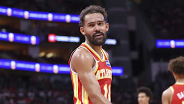 Atlanta Hawks guard Trae Young reacts towards a fan during the second quarter against the Houston Rockets at Toyota Center