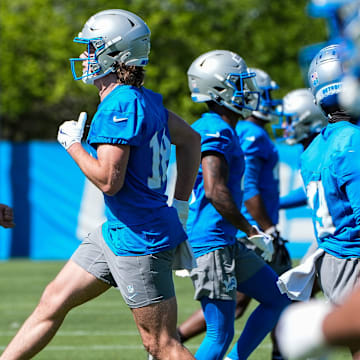 Detroit Lions wide receiver Isaac TeSlaa (18) practices during rookie minicamp at team's Performance Center in Allen Park