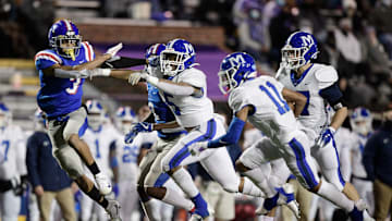 McCallie's Eric Rivers (11) runs for a touchdown as McCallie's B.J. Harris (5) blocks against MUS    Tylyn Young (3) during the second quarter of the Division II-AAA BlueCross Bowl Football Championship game at Tucker Stadium in Cookeville, Tenn., Thursday, Dec. 3, 2020.

Cal3848