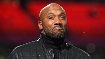 Dec 6, 2021; Orchard Park, New York, USA; ESPN analyst Louis Riddick reacts to a fans question prior to the game between the New England Patriots and the Buffalo Bills at Highmark Stadium. Mandatory Credit: Rich Barnes-Imagn Images
