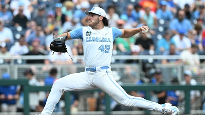 Jun 18, 2024; Omaha, NE, USA; North Carolina Tar Heels pitcher Dalton Pence (49) throws against the Florida State Seminoles during the third inning at Charles Schwab Field Omaha. Mandatory Credit: Steven Branscombe-Imagn Images