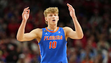 Apr 7, 2025; San Antonio, TX, USA; Florida Gators forward Thomas Haugh (10) reacts after a play against the Houston Cougars during the second half of the national championship game of the Final Four of the 2025 NCAA Tournament at the Alamodome. Mandatory Credit: Bob Donnan-Imagn Images