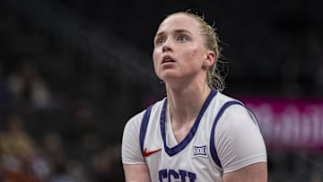 TCU Horned Frogs guard Hailey Van Lith shoots a free throw against the West Virginia Mountaineers during the first half at T-Mobile Center. 
