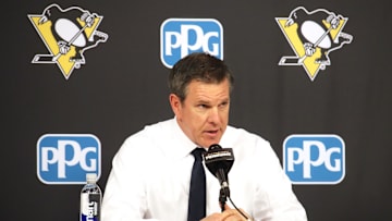 Feb 23, 2025; Pittsburgh, Pennsylvania, USA;  Pittsburgh Penguins head coach Mike Sullivan address the media after the game against the New York Rangers at PPG Paints Arena. Mandatory Credit: Charles LeClaire-Imagn Images