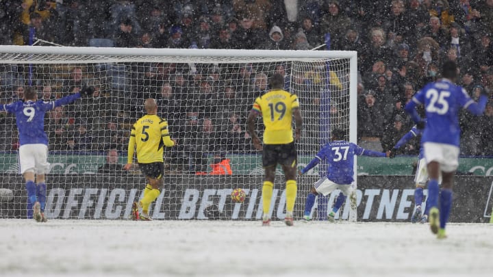 It was a snowy one at the King Power Stadium 