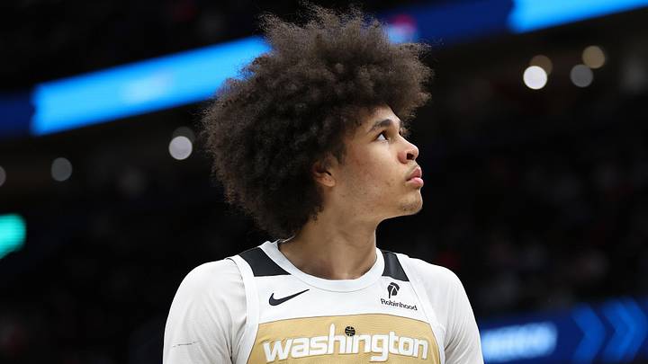 Jan 29, 2026; Washington, District of Columbia, USA; Washington Wizards forward Kyshawn George (18) looks on during the second half against the Milwaukee Bucks at Capital One Arena. Mandatory Credit: Daniel Kucin Jr.-Imagn Images