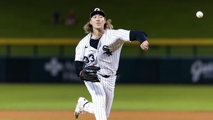 Nov 9, 2025; Mesa, AZ, USA; Chicago White Sox pitcher Hagen Smith during the Arizona Fall League Fall Stars Game at Sloan Park. Mandatory Credit: Mark J. Rebilas-Imagn Images