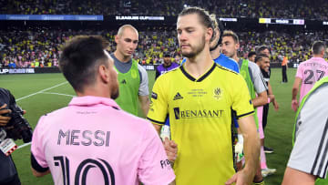 Lionel Messi of Inter Miami and Walker Zimmerman of Nashville SC shake hands after the Leagues Cup final. The teams meet again tonight.