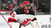 Jan 4, 2025; San Jose, California, USA; New Jersey Devils goaltender Jacob Markstrom (25) stands in goal during the second period against the San Jose Sharks at SAP Center at San Jose. Mandatory Credit: Darren Yamashita-Imagn Images