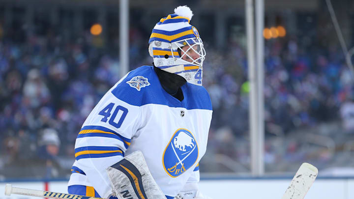 Jan 1, 2018; Queens, NY, USA; Buffalo Sabres goaltender Robin Lehner (40) during the third period in the 2018 Winter Classic hockey game against the New York Rangers at Citi Field. Mandatory Credit: Brad Penner-Imagn Images