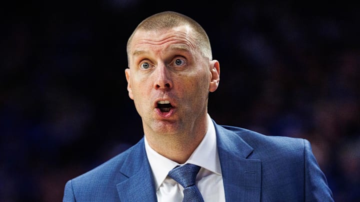 Jan 10, 2026; Lexington, Kentucky, USA; Kentucky Wildcats head coach Mark Pope talks to his players during the first half against the Mississippi State Bulldogs at Rupp Arena at Central Bank Center. Mandatory Credit: Jordan Prather-Imagn Images