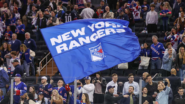 Apr 17, 2025; New York, New York, USA;  New York Rangers fans at Madison Square Garden. Mandatory Credit: Wendell Cruz-Imagn Images