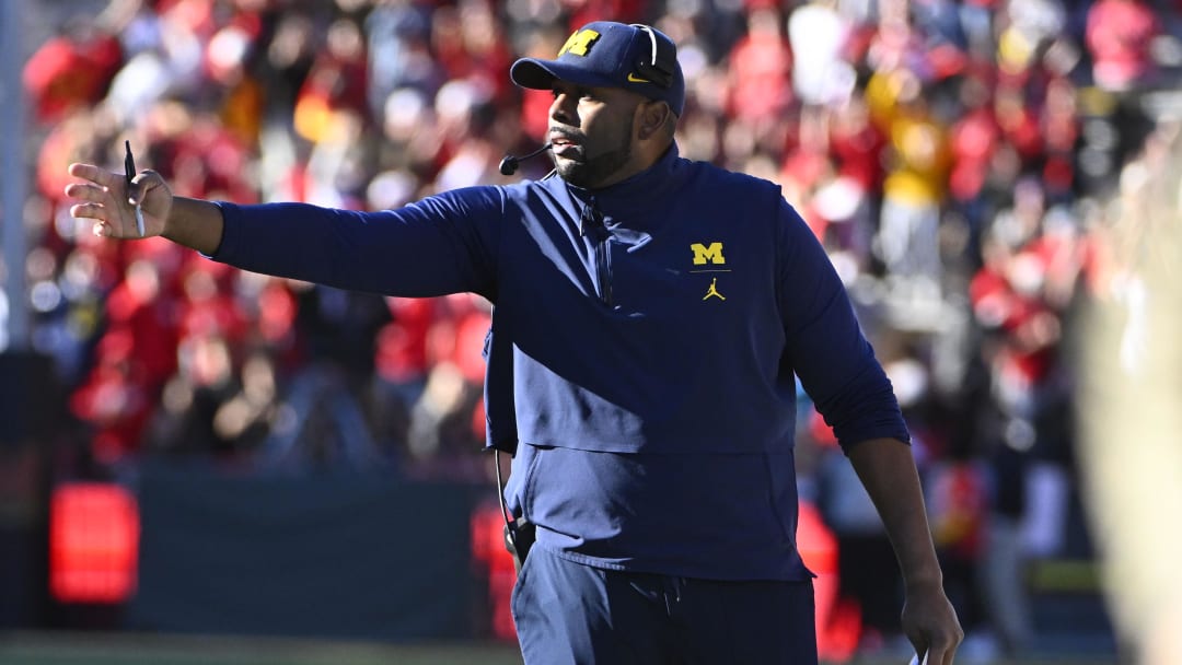 Nov 18, 2023; College Park, Maryland, USA; Michigan Wolverines interim head coach Sherrone Moore during the second half at SECU Stadium. Mandatory Credit: Brad Mills-USA TODAY Sports Nov 18, 2023; College Park, Maryland, USA; Michigan Wolverines interim head coach Sherrone Moore during the second half at SECU Stadium. Mandatory Credit: Brad Mills-USA TODAY Sports