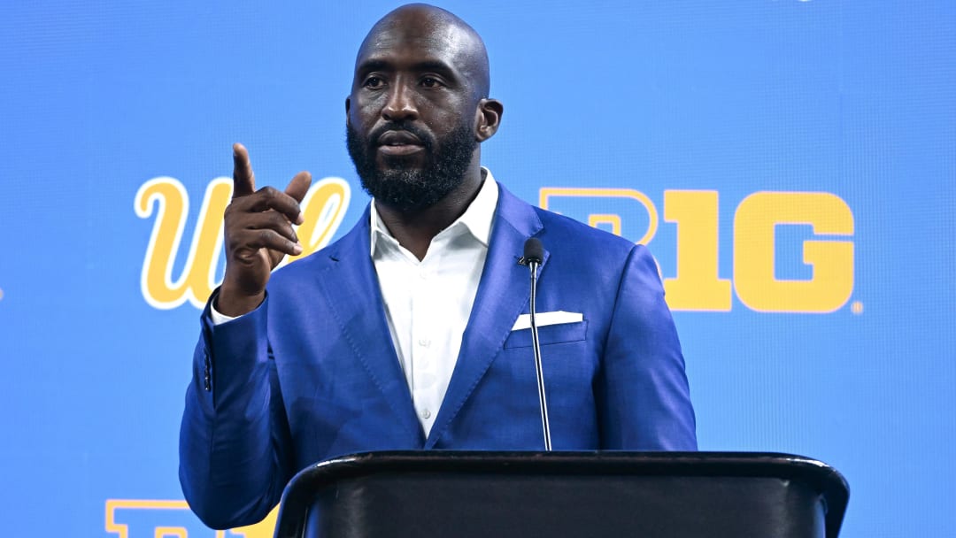 Jul 24, 2024; Indianapolis, IN, USA;  UCLA Bruins head coach DeShaun Foster speaks to the media during the Big 10 football media day at Lucas Oil Stadium. Mandatory Credit: Robert Goddin-USA TODAY Sports