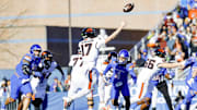 Nov 29, 2024; Boise, Idaho, USA;  Oregon State Beavers quarterback Ben Gulbranson (17) during the second half against the Boise State Broncos at Albertsons Stadium.  Boise State defeats Oregon State 34-18.  Mandatory Credit: Brian Losness-Imagn Images.