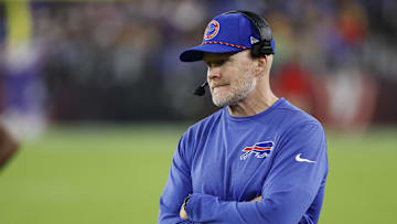 Sep 29, 2024; Baltimore, Maryland, USA; Buffalo Bills head coach Sean McDermott looks on from the bench against the Baltimore Ravens at M&T Bank Stadium. Mandatory Credit: Geoff Burke-Imagn Images