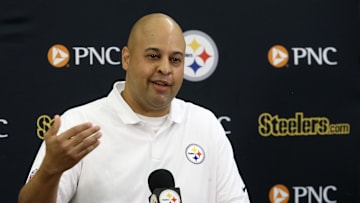 Jul 27, 2023; Latrobe, PA, USA;  Pittsburgh Steelers general manager Omar Khan addresses the media prior to the start of training camp at Saint Vincent College. 