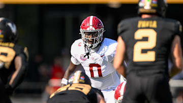 Oct 5, 2024; Nashville, Tennessee, USA;  Alabama Crimson Tide linebacker Deontae Lawson (0) sneaks a peek into the backfield against the Vanderbilt Commodores during the first half at FirstBank Stadium. Mandatory Credit: Steve Roberts-Imagn Images