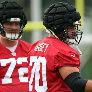 Jul 25, 2024; Tampa, FL, USA;  Tampa Bay Buccaneers center Robert Hainsey (70) works out during training camp at AdventHealth Training Center. Mandatory Credit: Kim Klement Neitzel-Imagn Images