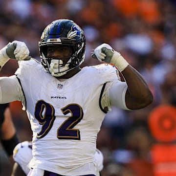 Oct 6, 2024; Cincinnati, Ohio, USA; Baltimore Ravens defensive tackle Nnamdi Madubuike (92) reacts after sacking Cincinnati Bengals quarterback Joe Burrow (not pictured) in the second half at Paycor Stadium. Mandatory Credit: Katie Stratman-Imagn Images