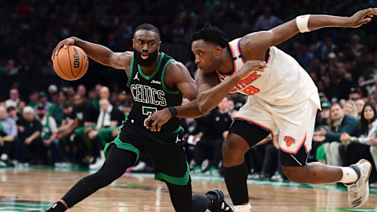 Jaylen Brown (left) led the Celtics to a dominant Game 5 win, which improved their odds of winning the NBA championship. 