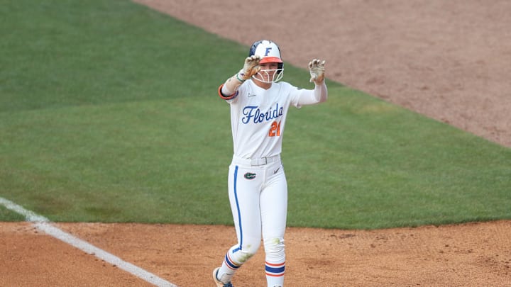 May 7, 2025; Athens, GA, USA; Florida outfielder Taylor Shumaker (21) reacts to her hit during a game against Ole Miss at Jack Turner Stadium. Mandatory Credit: Mady Mertens-Imagn Images