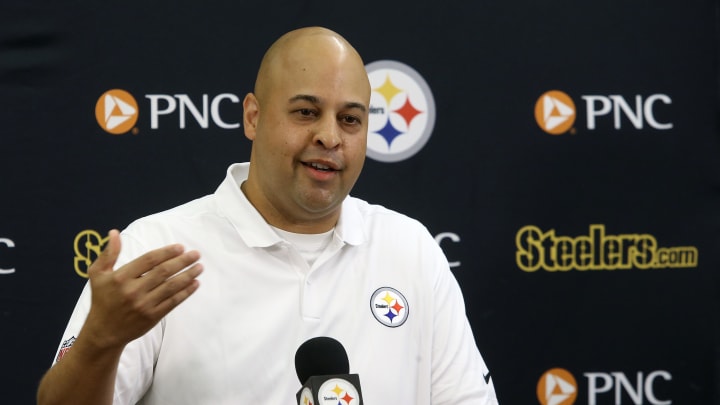 Jul 27, 2023; Latrobe, PA, USA;  Pittsburgh Steelers general manager Omar Khan addresses the media prior to the start of training camp at Saint Vincent College. Mandatory Credit: Charles LeClaire-USA TODAY Sports