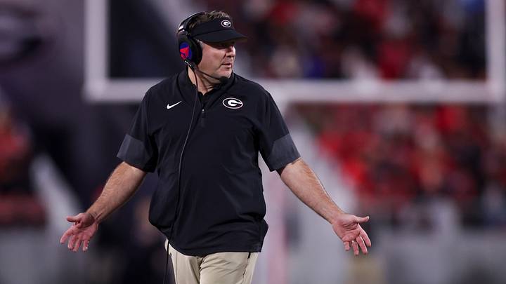 Nov 15, 2025; Athens, Georgia, USA; Georgia Bulldogs head coach Kirby Smart gestures in the second half against the Texas Longhorns at Sanford Stadium. Mandatory Credit: Brett Davis-Imagn Images