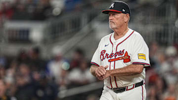 Atlanta Braves manager Brian Snitker (43) on the field against the Chicago Cubs during the eighth inning at Truist Park. 