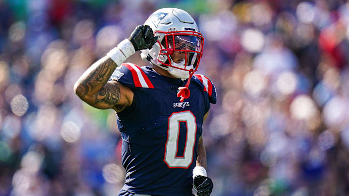 Sep 15, 2024; Foxborough, Massachusetts, USA; New England Patriots cornerback Christian Gonzalez (0) reacts after a play against the Seattle Seahawks in the second half at Gillette Stadium. Mandatory Credit: David Butler II-Imagn Images