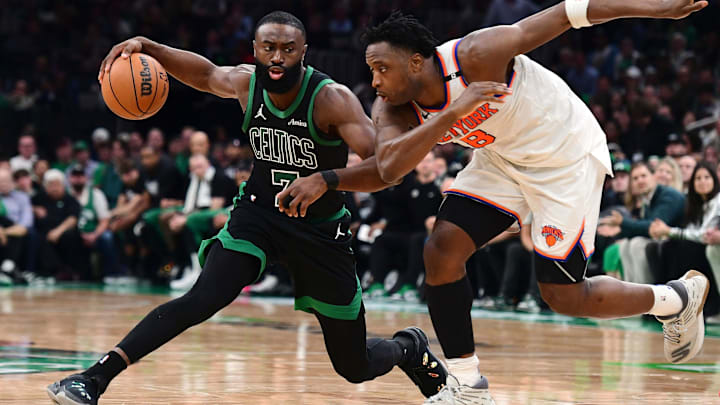 May 14, 2025; Boston, Massachusetts, USA; Boston Celtics guard Jaylen Brown (7) controls the ball from New York Knicks forward OG Anunoby (8) in the second half during game five of the second round for the 2025 NBA Playoffs at TD Garden. Mandatory Credit: Bob DeChiara-Imagn Images May 14, 2025; Boston, Massachusetts, USA; Boston Celtics guard Jaylen Brown (7) controls the ball from New York Knicks forward OG Anunoby (8) in the second half during game five of the second round for the 2025 NBA Playoffs at TD Garden. Mandatory Credit: Bob DeChiara-Imagn Images