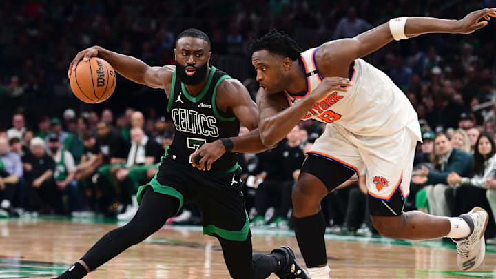 Boston Celtics guard Jaylen Brown controls the ball from New York Knicks star OG Anunoby during the 2025 NBA Playoffs