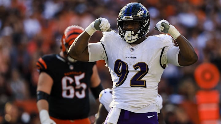 Oct 6, 2024; Cincinnati, Ohio, USA; Baltimore Ravens defensive tackle Nnamdi Madubuike (92) reacts after sacking Cincinnati Bengals quarterback Joe Burrow (not pictured) in the second half at Paycor Stadium. Mandatory Credit: Katie Stratman-Imagn Images Oct 6, 2024; Cincinnati, Ohio, USA; Baltimore Ravens defensive tackle Nnamdi Madubuike (92) reacts after sacking Cincinnati Bengals quarterback Joe Burrow (not pictured) in the second half at Paycor Stadium. Mandatory Credit: Katie Stratman-Imagn Images