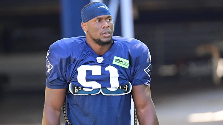 Aug 2, 2023; Foxborough, MA, USA; New England Patriots defensive end Keion White (51) heads to the practice fields at Gillette Stadium.