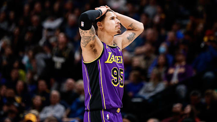 Jan 9, 2023; Denver, Colorado, USA; Los Angeles Lakers forward Juan Toscano-Anderson (95) in the fourth quarter against the Denver Nuggets at Ball Arena. Mandatory Credit: Isaiah J. Downing-Imagn Images