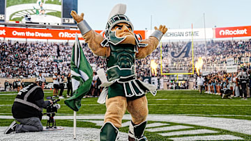 Michigan State mascot Sparty takes the field ahead of the first half against Western Michigan at Spartan Stadium in East Lansing on Friday, August 29, 2025.