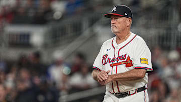 Sep 10, 2025; Cumberland, Georgia, USA; Atlanta Braves manager Brian Snitker (43) on the field against the Chicago Cubs during the eighth inning at Truist Park. Mandatory Credit: Dale Zanine-Imagn Images