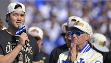 Nov 1, 2024; Los Angeles, CA, USA;  Los Angeles Dodgers designated hitter Shohei Ohtani (17) to speaks to fans, in english, during the World Series Championship Celebration at Dodger Stadium. 