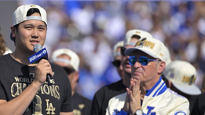 Nov 1, 2024; Los Angeles, CA, USA; Los Angeles Dodgers designated hitter Shohei Ohtani (17) to speaks to fans, in english, during the World Series Championship Celebration at Dodger Stadium. Nov 1, 2024; Los Angeles, CA, USA; Los Angeles Dodgers designated hitter Shohei Ohtani (17) to speaks to fans, in english, during the World Series Championship Celebration at Dodger Stadium.