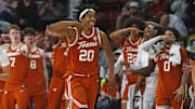 Mar 4, 2025; Starkville, Mississippi, USA; Texas Longhorns guard Tre Johnson (20) reacts after basket during the second half against the Mississippi State Bulldogs at Humphrey Coliseum. Mandatory Credit: Petre Thomas-Imagn Images