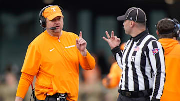Tennessee head coach Josh Heupel communicates with an official during the third quarter at FirstBank Stadium in Nashville, Tenn., Saturday, Nov. 30, 2024.