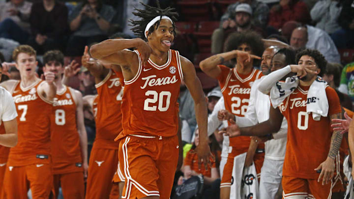 Mar 4, 2025; Starkville, Mississippi, USA; Texas Longhorns guard Tre Johnson (20) reacts after basket during the second half against the Mississippi State Bulldogs at Humphrey Coliseum. Mandatory Credit: Petre Thomas-Imagn Images