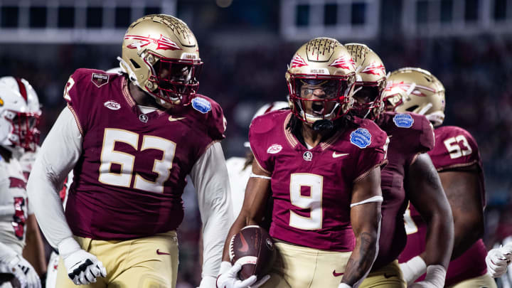 Florida State Seminoles running back Lawrance Toafili (9) celebrates his touchdown. The Florida State Seminoles defeated the Louisville Cardinals 16-6 to claim the ACC Championship title in Charlotte, North Carolina on Saturday, Dec. 2, 2023.