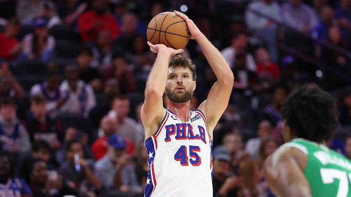 Philadelphia 76ers forward Dean Wade (45) shoots against the Boston Celtics during the second quarter at Xfinity Mobile Arena on Oct. 16, 2026.
