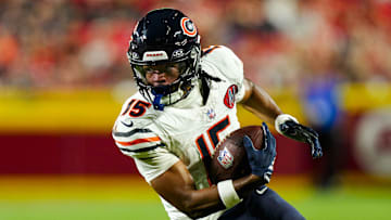 Aug 22, 2025; Kansas City, Missouri, USA; Chicago Bears wide receiver Rome Odunze (15) runs with the ball during the first half against the Kansas City Chiefs at GEHA Field at Arrowhead Stadium.
