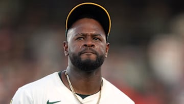 Jul 5, 2025; West Sacramento, California, USA; Athletics pitcher Luis Severino (40) during the third inning against the San Francisco Giants at Sutter Health Park. Mandatory Credit: Darren Yamashita-Imagn Images